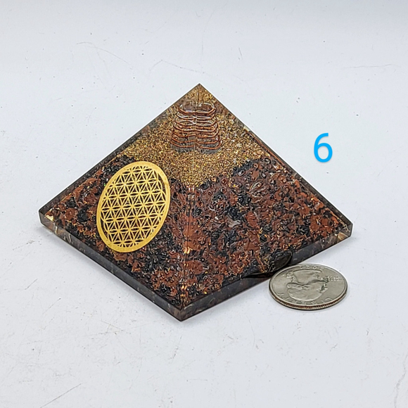 Mahogany Obsidian Orgonite Pyramid with Golden Flower of Life Symbol Meditation - Picture 2 of 3
